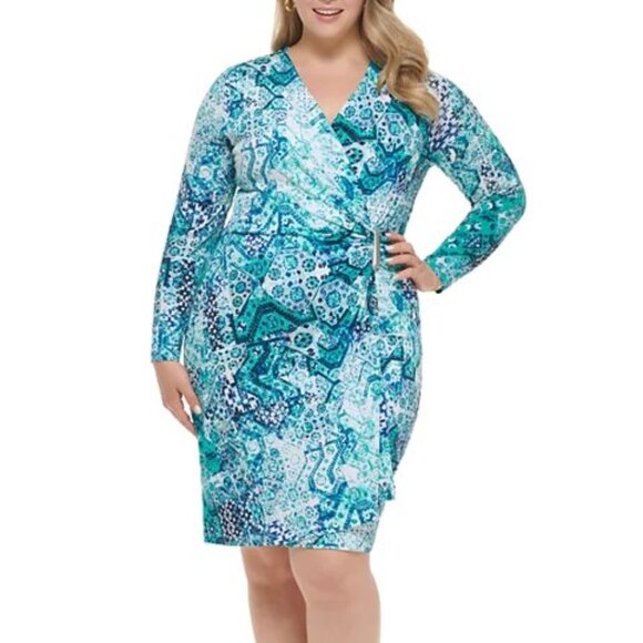 NWT CALVIN KLEIN Faux Wrap Stretch Sheath Dress Printed Blue Multi Size 20W - Picture 1 of 10